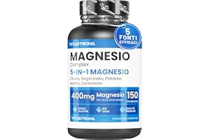 VITASTRONG. MAGNESIO COMPLETO 400mg - 5 in 1 Magnesio - Magnesio Bisglicinato + Magnesio Citrato + Magnesio Pidolato + Malato e Carbonato – Integratore Magnesio Antistress
