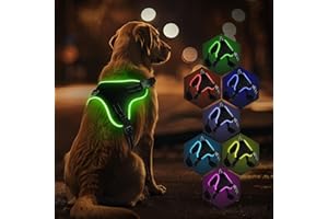 RUXAN Świecąca uprząż dla psa, kamizelka dla psa, z możliwością ładowania, 7 bardzo jasnych kolorów + migająca uprząż dla psa, do nocnych spacerów, miękka, wyściełana, regulowana, dla małych, średnich