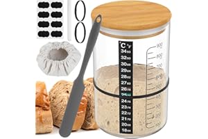 GATPHY Sauerteig Starter Set 9Pcs mit Glas Holzabdeckung Gummibänder Silikonspatel Thermometerpapier Stoffhut Sauerteig Starter Glas für Brot Desserts