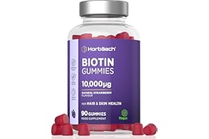 HORBÄACH Biotin Hair Growth Gummies 10,000mcg | 90 Count | High Strength Biotin (Vitamin B7) for Hair and Skin Health | Natural Strawberry Flavour | Vegan Supplement | by Horbaach