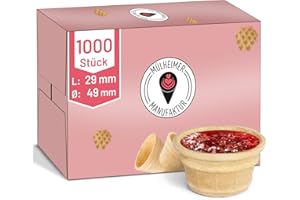 ‎MÜLHEIMER MANUFAKTUR MyNaschbar Portionsbecher VEGAN rund, 1000 Stück, 22 ml, 29 mm lang, Ø 49 mm – Knusprige Waffelbecher zum Befüllen – Ideal für Dips, Marmelade, Dekorationen & Fingerfood – Eisdielen-Qualität