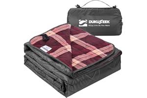 DUKUSEEK Large Outdoor Waterproof Blanket, Warm Fleece Blanket with Hood Windproof for Cold Weather, Camping Stadium, Beaches, Picnics, Dogs, Car (Dark Red Plaid)