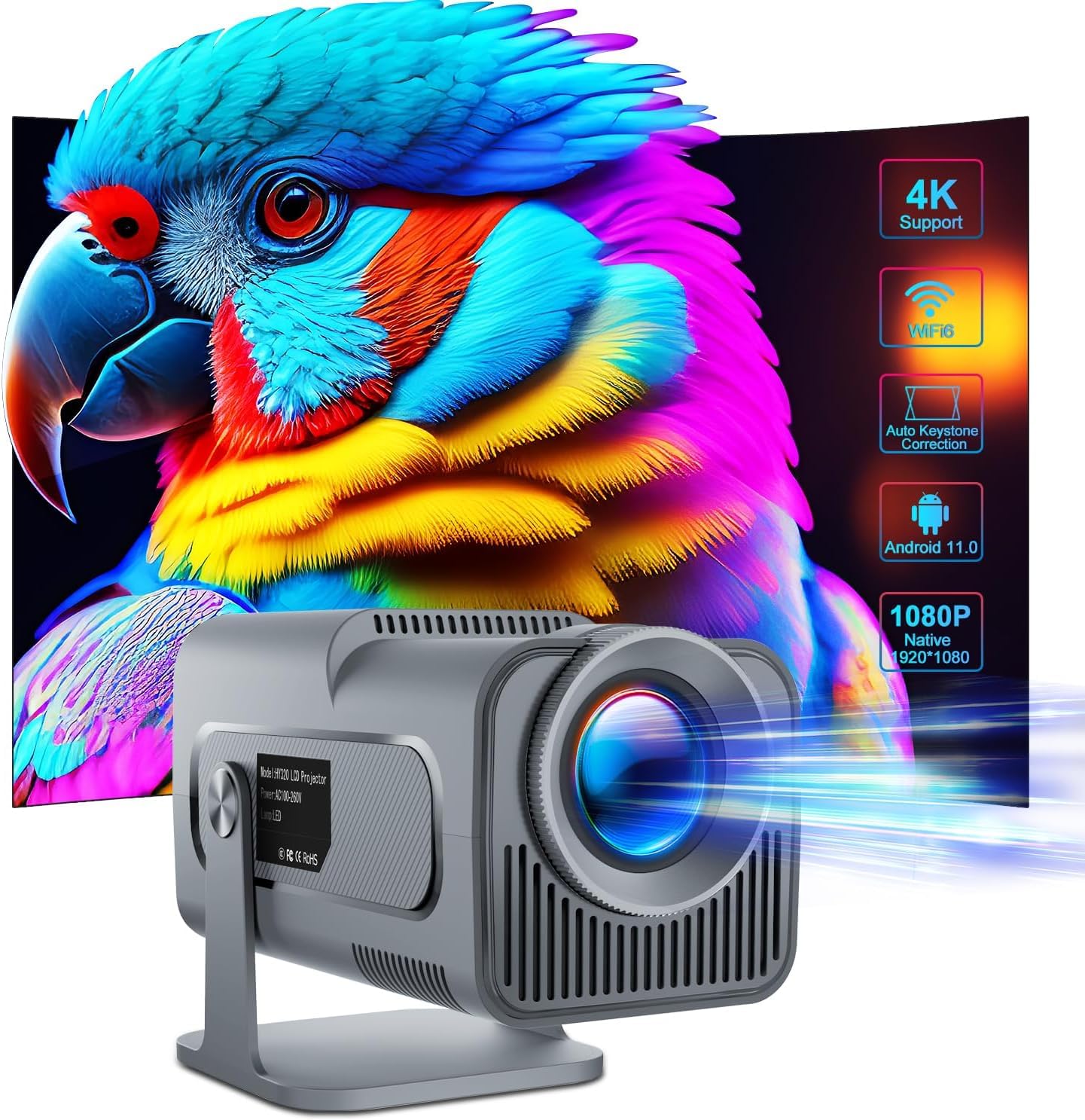 TOPTRO Free Style 1080p Native Resolution Projector for Home 4K Support, 6000 Lumen (490 ANSI) Android 11 WiFi Bluetooth Inbu