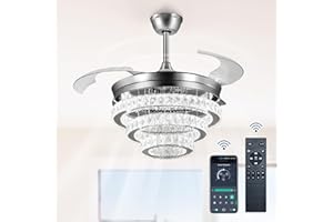 Depuley Modern Crystal Ceiling Fan with Lights, Invisible Blades Dimmable Ceiling Fan with Lamp, Retractable Crystal Chandelier Fan for Living Room Bedroom Kitchen,Remote Control, Sliver, 42Inch