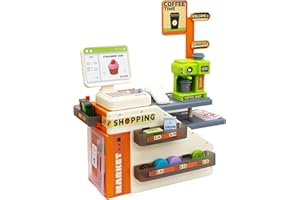 EULEUY 59PCS Cash Register for Kids with Sound and Light,Supermarket Toy Set with Coffee Machine,Play Money for Grocery Food Shopping,Pretand Role Play, for Toldders Girls Boys 3 4 5 Year Old