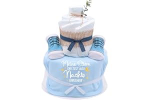 TRENDMAMA Trend Mama® | Sprüche Windeltorte | Meine Eltern sind jetzt auch Nachts erreichbar| witziges Baby Lätzchen und niedliche Babysocken | Baby Party Geschenk (Hellblau)