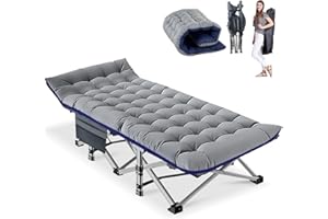 Obqer Folding Camp Bed with Mattress and Side Pocket, 28" Extra Wide 200kg Heavy Duty Camping Cot, Steel Frame and Oxford Cloth Guest Bed, 75x28x15 Inches, Camp Beds for Adults Garden Travel