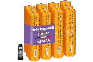 NRAONRN Pilas Rerecargables para Panasonic Teléfonos Inalámbricos, 750mAh 1.2V AAA Ni-MH Baterías Recargables para Gigaset Teléfonos Inalámbricos (12 Piezas)