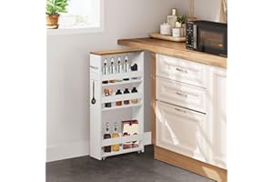 ‎FETINES FetiNes Nischenwagen 14cm breit, 4 Etagen Küchenwagen schmal, Nischenregal auf Rollen, Servierwagen mit Griff & Geländern, Badregal Holz, für Küche, Badezimmer, 40x14x80cm, vintagebraun+Weiß