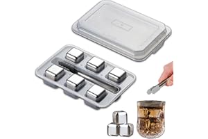 CALLYSONIC 6 Stück Edelstahl Eiswürfel Wiederverwendbar, Whisky Steine, Wiederverwendbare Eiswürfel mit Zange, Bar Zubehör für Whiskey, Wodka, Rum und Tequil, Silber (1)