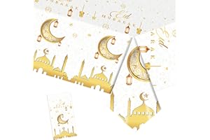 YAAVAAW 137*274cm White Gold Eid Ramadan Table Cloth,Large Ramadan Mubarak Decorations TableCloths,Moon⋆ Tablecover Plastic Tablecloth for Eid Umrah Mubarak Decorations Islam Muslim Party Supplies