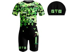PITEVOTUR Boys Creeper Swimming Costume Kids One Piece Swimsuit Cartoon Swim Set for 5-12 Years