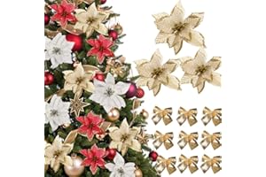 JENICH (48 Pcs)24 Piezas Flores Artificiales para Navidad con Purpurina Flores Pascua Flores de Poinsettia Navideña 24 Lazos de Navidad Ornamentos Dorado Decoracíon Adornos Arbol Navidad Guirnaldas Año Nuevo