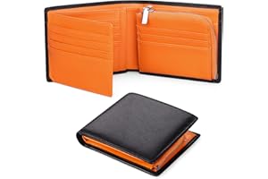 SENDEFN Portfele męskie wielofunkcyjny skórzany portfel blokujący RFID, karty kredytowe, potrójnie składane, kompaktowe portfele dla mężczyzn z okienkiem na dowód osobisty i kieszenią na monety, Bc_czarny z pomarańczowym, hash-get