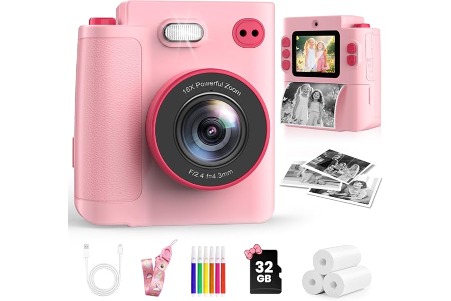 MYSTILUCK Kids Camera Instant Print, 1080P Instant Camera for Kids, Children Digital Cameras with 32GB Card & 3 Rolls Photo Paper, Christmas Birthday Gifts Toys for Boys & Girls Aged 3-12（Pink）