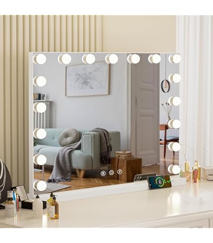OSDUE Hollywood make-upspiegel met verlichting, verlichte make-upspiegel met bluetooth en draadloos opladen, touchscreen-bediening met 9 dimbare LED- lampen, 10x vergroting, 3 kleurmodi