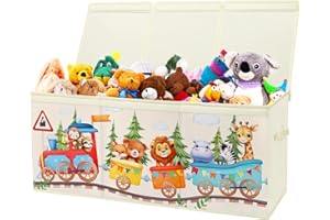 DECALSWEET Scatola di Giocattoli Large con Coperchio Ribalta per Bambini, Contenitore Porta Giochi Pieghevole Oxford, Baule Portagiochi Impermeabile Robusto per Ragazze Ragazzi, 96×32×40cm (Treno degli Animali)