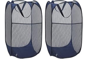 WD&CD Panier à Linge [Lot de 2] Corbeilles à Linge Pliable Pop Up en Maille Filet Sac à Linge Panier à Linge Pliable avec Manipuler, Bleu