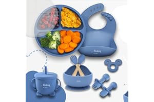 BABIES OF HEAVEN BabiesofHeaven COFFRET REPAS BEBE COMPLET [10 pièces], Assiette Ventouse Silicone Antiderapant avec Compartiments et Couvercle, Ventouse Bol, Bavoir, Cuillère, Vaisselle Enfant Set (Dark blue)
