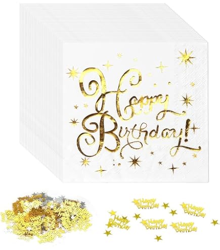 Servilletas De Cumpleaños Happy Birthday - Pack De 20 Unidades 33x33cm, Diseño Negro Y Dorado Para Fiestas Y Celebraciones