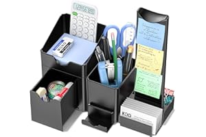 KDD 7 in 1 Stiftehalter Schreibtisch mit Schublade - Stifte Organizer & Stifte Aufbewahrung mit Kopfhörer Aufhänger/2 Fächern/Notizhalter/Visitenkartenhalter/Kleinem Tablett für Hause Büro Zubehör