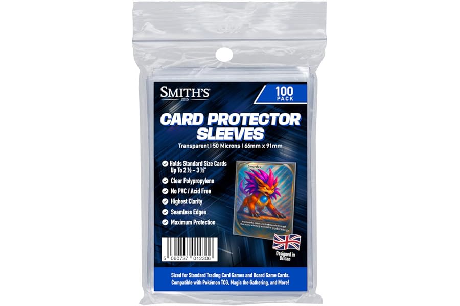Smith’s® Standard Trading Card Sleeves | 100 Pack | Size: 66x91mm | 50 Micron | Ultra-Clear | Compatible with Pokemon TCG, Magic: The Gathering, Yu-Gi-Oh!, Board & Sports Cards | Acid & PVC-Free