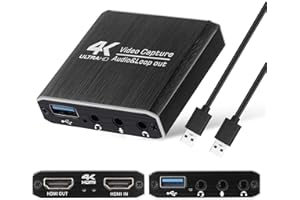 KOQEIEY Video Capture Card 4K HDMI Loop-Out 1080p 60fps Video Capture Card USB 3.0 Capture Card mit Mikrofon HD Audio Recorder Gerät Adapter für MacOS Windows Live Streaming Game Xbox Nintendo