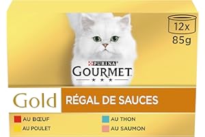 GOURMET Gold, Regal de Salsas, Caja, Gato, Carne de Res, Pollo, salmón, atún, 12 x 85 g