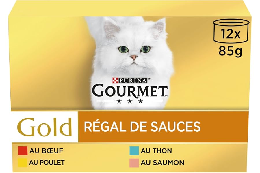 Gourmet Gold, Regal de Salsas, Caja, Gato, Carne de Res, Pollo, salmón, atún, 12 x 85 g