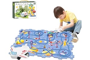 DQTYE Puzzle Slot Car Track Playset DIY Assembling Electric Trolley Battery-Operated Toy Vehicle & Puzzle Board, Fun Rail Car Building Toys for Kids Ages 3+ Years - Traveling in Space