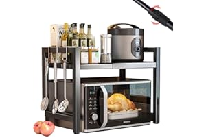 ‎VEOOL Veool Mikrowellen Regal,2-Tier Expandable Microwave Shelf Mit 6 Haken,FüR Die Arbeitsplatte KüChe、BäCkerregal Mit、Standregal Mit,Stufiges Erweiterbares42-64cm