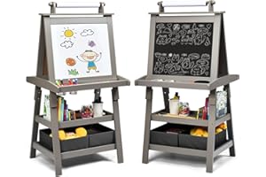 ‎COSTWAY COSTWAY 3 in 1 Kinder Staffelei, Kindertafel doppelseitig, Whiteboard & Kreidetafel & Zeichenpapier, Standtafel inkl. Magneten, 2 Regalebenen Holztafel mit 2 Aufbewahrungsboxen (Grau)