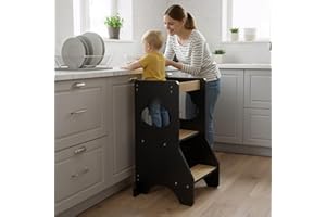 COSYLAND Toddler Standing Tower Adjustable Height – Super Stable Kitchen Step Stool Helper – Mother’s Helper Wooden Kids Learning Stool (Black & Natural)