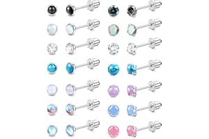 JeweBella 14 Paires Acier Chirurgical Petites Boucles d'Oreilles Argent Pour Femme Fille Enfant Boucles d'Oreilles En Pierre De Lune Opale Turquoise CZ Hypoallergénique Rond Gemme Bijoux Cadeau 4MM