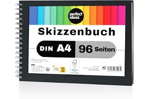 perfect ideaz A4 skissbok 96 sidor (48 ark), professionell ritblock, hård pärm i svart, spiralbindning, blankt papper i vitt