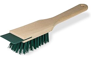EASY PEASY MATE Garden Cleaning Brush with Scraper for Lawn Mower and Lawn Scarifier - Wooden Scrubbing Brush with Handle - Brush Cleaner with Hard Bristle Brush - Stiff Bristle Artificial Grass Brush & Boot Brush