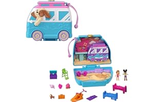 Polly Pocket Estuche Perrito en Caravana Set de Juego con muñecas, Mascota y Accesorios de Playa, Juguete +4 años (Mattel HRD36)