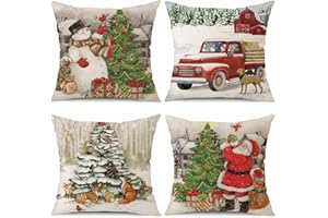 Sungeek Świąteczne poszewki na poduszki zestaw 4 szt., bałwan Święty Mikołaj, choinka, ciężarówka, zimowe wakacje, lniane dekoracyjne poszewki na poduszki na sofę kanapę 45 x 45 cm