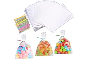 Faburo 200 przezroczystych torebek celofanowych, 10 x 15 cm, torebki celofanowe, przezroczyste małe torebki na słodycze, plastikowe torebki z 200 skręcanymi wiązaniami, torebki na prezenty OPP,