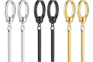 PROSTEEL Boucles d'Oreilles Homme, Créoles 12mm avec Pendantes Barres en Acier Inoxydable/Plaqué Or/Noir, Hip Hop Drop Earring, Style de Rue