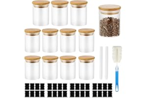 Banaone 12pcs Botes Especias Cristal, 250ml Tarros Cristal con Tapa de Bambú Hermeticos, con Tapa Spice Jars incluir Cepillo Limpieza Etiquetas Bolígrafo, Tarros para Especias