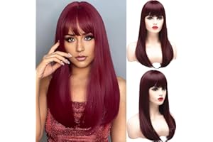 BESTUNG Peluca larga recta para mujer, pelo sintético de pelo completo, color rojo burdeos, peluca con bandera para disfraz de cosplay o vida diaria