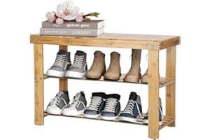CROWNSHOP Shoe Bench Shoe Rack 3 Tier Shoe Storage Organiser Shelf Bamboo Stand Shoe Shelving Entryway strorage unit with Seat for Hall Bathroom Bedroom Living Room Hallway Natural
