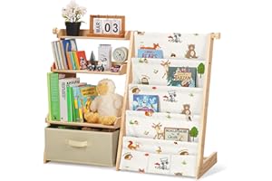 Decalsweet Kids Bookshelf with Toy Storage Box,Wooden Childrens Bookcase with 4 Sling & 3 Tier,Toddler Baby Book Shelf for Kids Room Bedroom Playroom Nursery-Animal