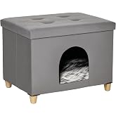 PawHut Cat Cave 2 in 1 Stool Foot Rest 60 x 45 x 44.5 cm Grey | Removable Lid, Entrance Hole, Washable Cushion, Raised Wooden