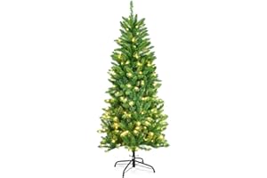 COSTWAY 150/180/210 cm Ołówek na choinkę z diodami LED, ciepła biel, sztuczna choinka z systemem składania i metalowym stojakiem, choinka z PCW, sztuczne drzewko bożonarodzeniowe zielone (150 cm)
