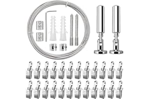 YIXISI 5m Wandhalterung Set, mit 24 Stück Metall Clips Haken, Edelstahl Vorhangdraht, Gardine Stahlseil, für Foto-Draht, Wäscheleine, Draht, Fenster, Vorhang, Spanndraht