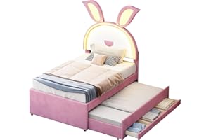 AZKOEESY Cama Infantil tapizada 90x200 cm con Nido y cajón, cabecero en Forma de Conejo con iluminación LED, Somier, Cama Individual para niña, Funda de Terciopelo (Rosa)