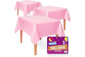 SOL 3pk Solid Lovely Pink Table Cloth Party 121x121cm Christmas Decorations Wipe Clean Plastic Cover Disposable for Parties Heavy Duty Spill Protection - Birthdays, Weddings, Buffets, Catering