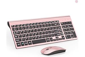 Wireless Keyboard and Mouse Ultra Slim Combo, TopMate 2.4G Silent Compact USB 2400DPI Mouse and Scissor Switch Keyboard Set with Cover, 2 AA and 2 AAA Batteries, for PC/Laptop/Windows-Rose Gold Black